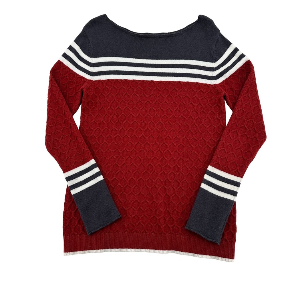 Unbranded Medium Burgundy Navy White Striped Textured Knit Boat Neck Sweater